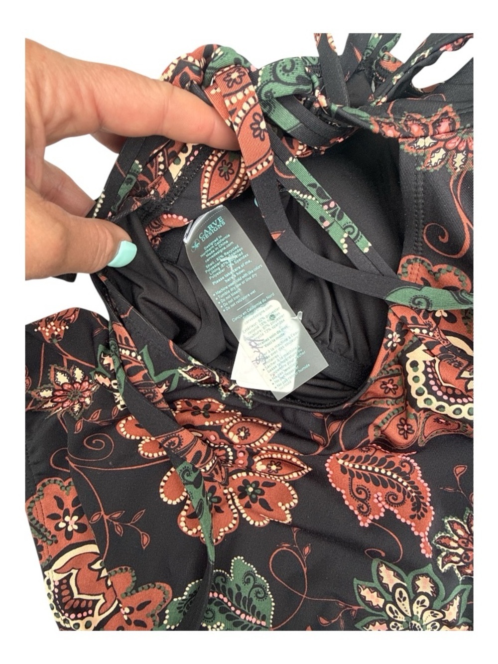 Carve One-Piece Swimsuit  in Black with Rust & Olive Accents Slimming Size 34C - Picture 4 of 5